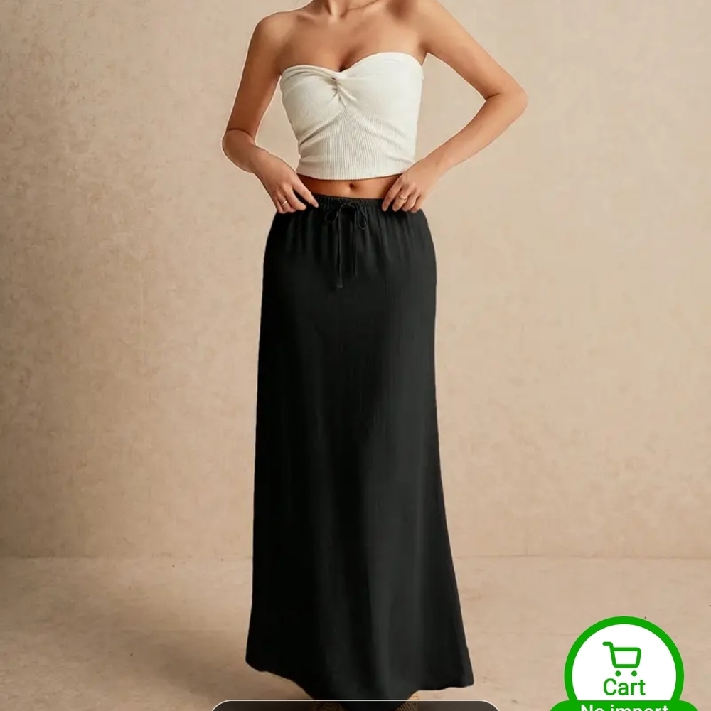 A Line Maxi Black  Linen Look With Elastic And String Tie Waist (New)